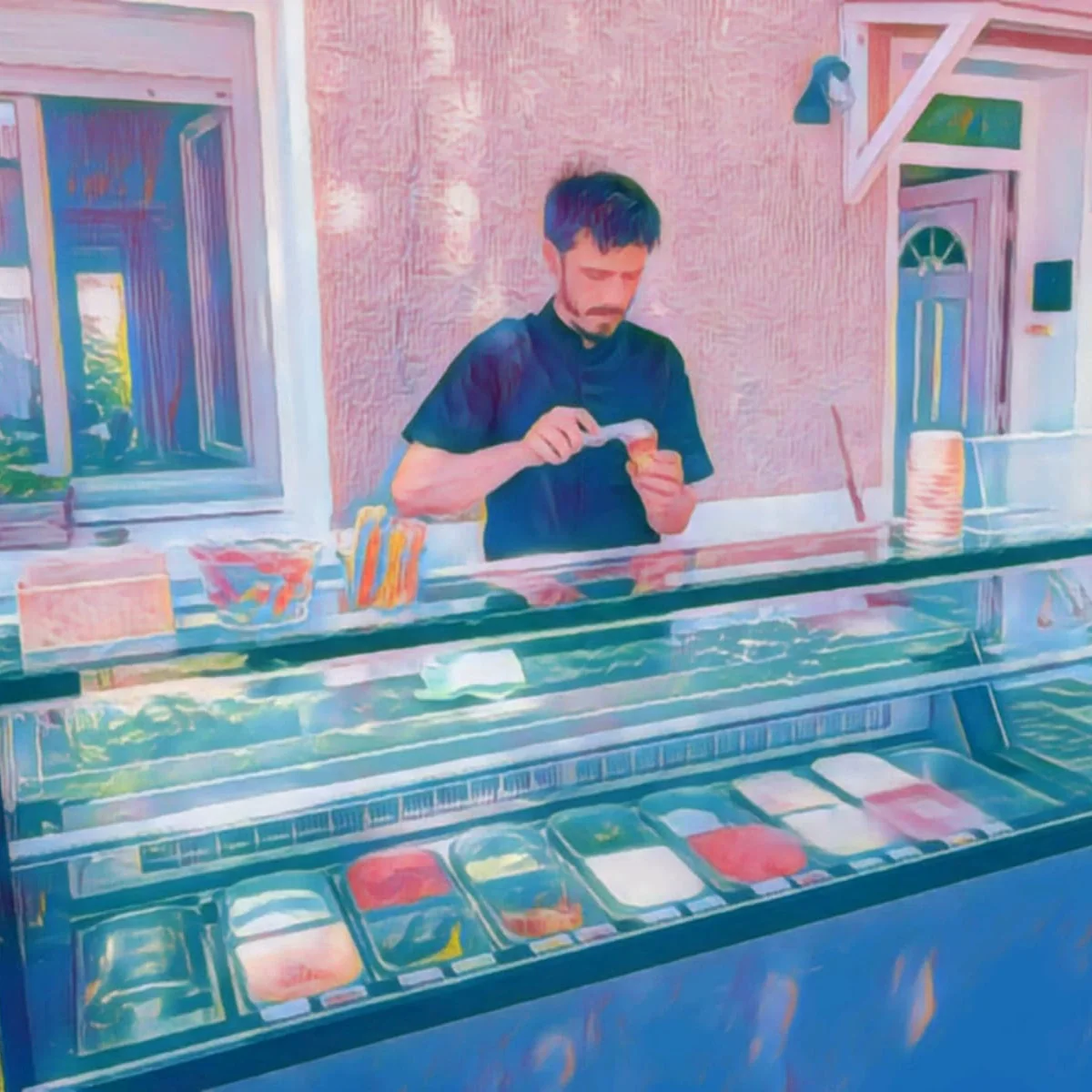 John sert une glace derrière la vitrine mobile de Brisons la Glace