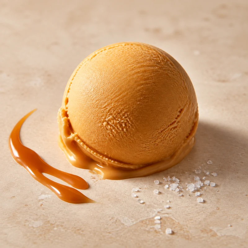 Boule de glace artisanale caramel beurre salé avec ses ingrédients