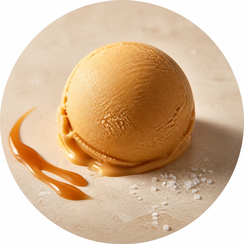 Boule de glace artisanale caramel beurre salé avec ses ingrédients