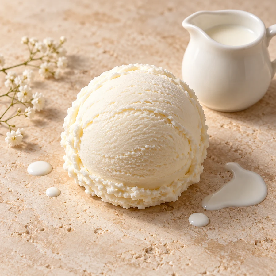 Boule de glace artisanale fior di latte avec ses ingrédients