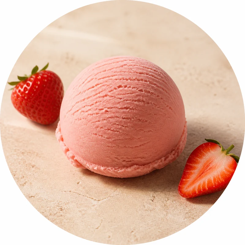 Boule de glace artisanale fraise avec ses ingrédients