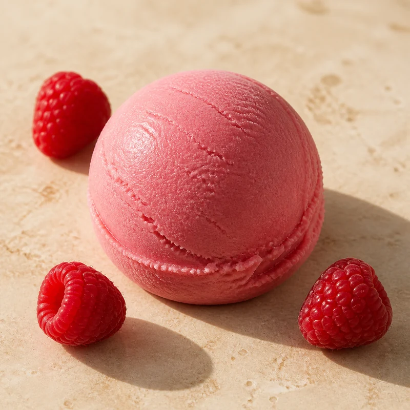 Boule de glace artisanale framboise avec ses ingrédients