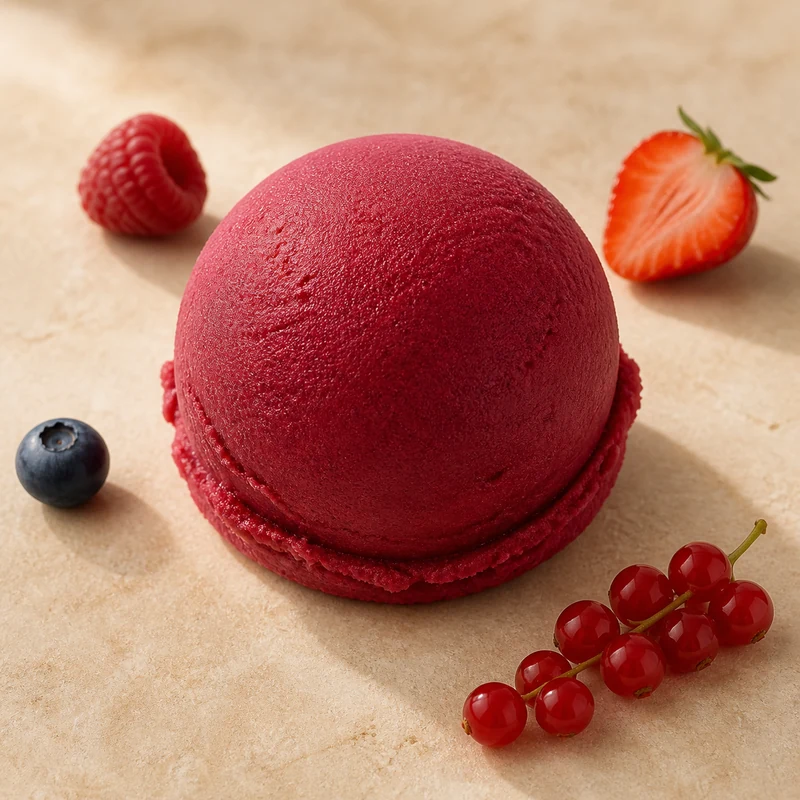 Boule de glace artisanale fruits rouges avec ses ingrédients