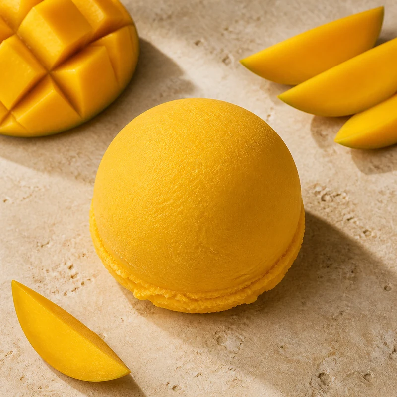 Boule de glace artisanale mangue avec ses ingrédients