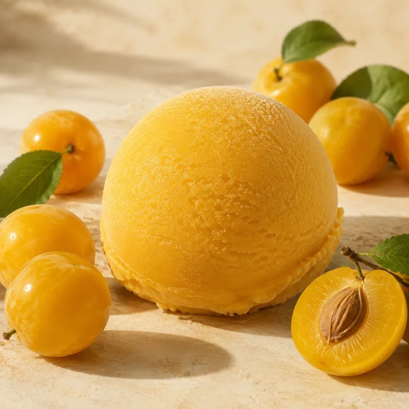 Boule de glace artisanale mirabelle avec ses ingrédients