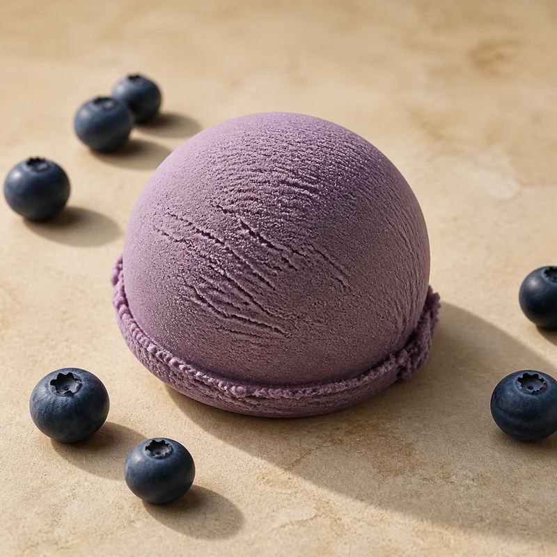 Boule de glace artisanale myrtille avec ses ingrédients