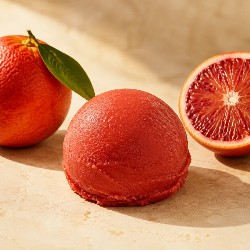 Boule de glace artisanale orange sanguine avec ses ingrédients