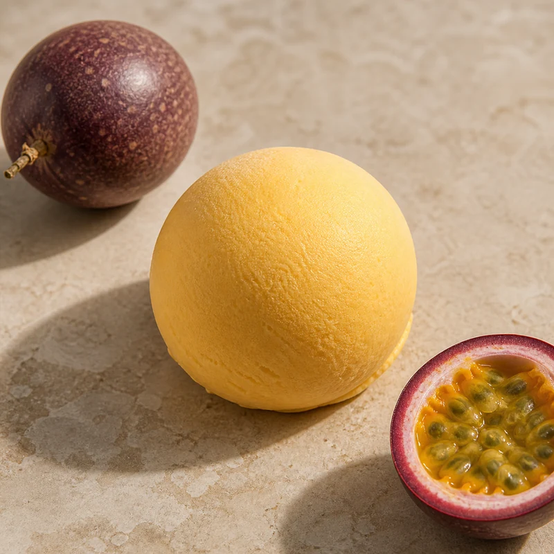 Boule de glace artisanale passion avec ses ingrédients