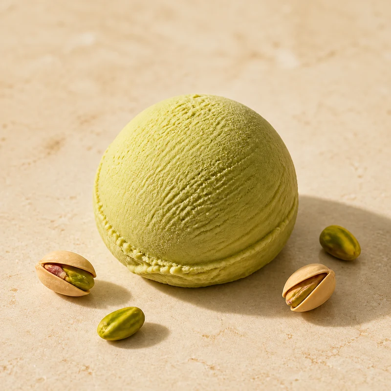 Boule de glace artisanale pistache avec ses ingrédients