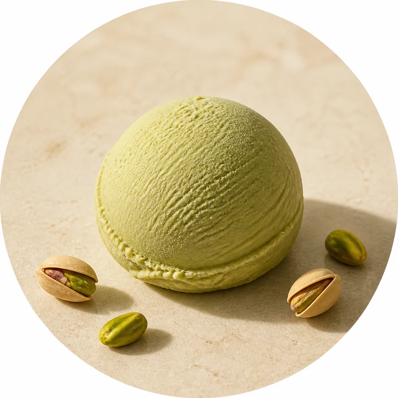 Boule de glace artisanale pistache avec ses ingrédients