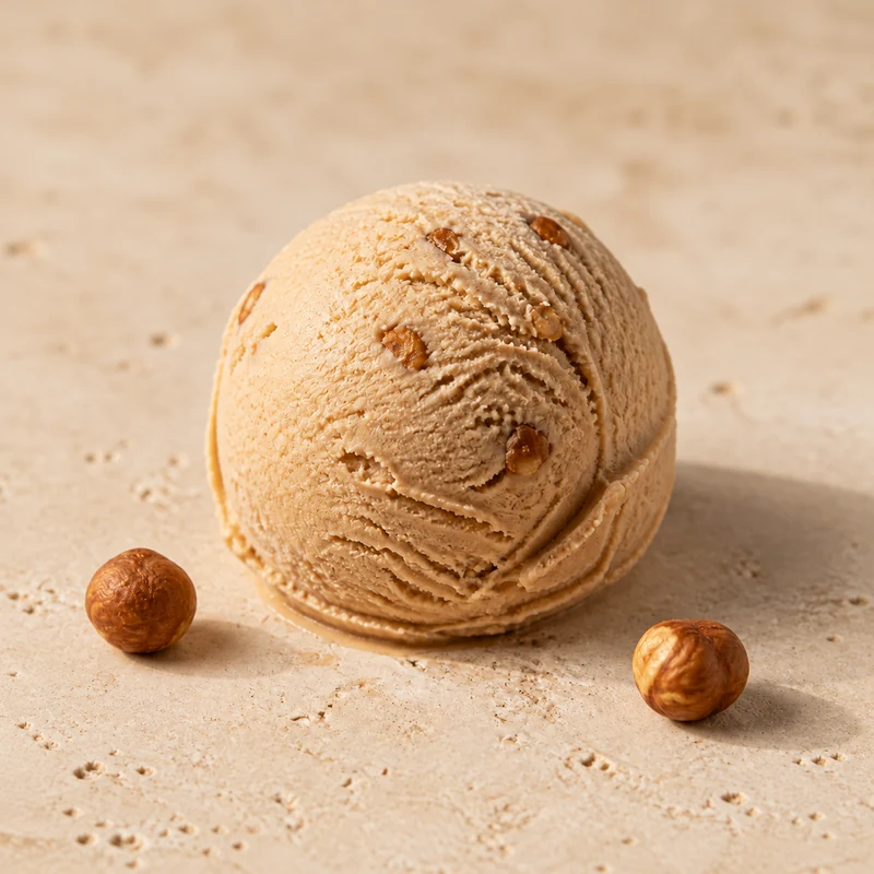 Boule de glace artisanale praliné avec ses ingrédients