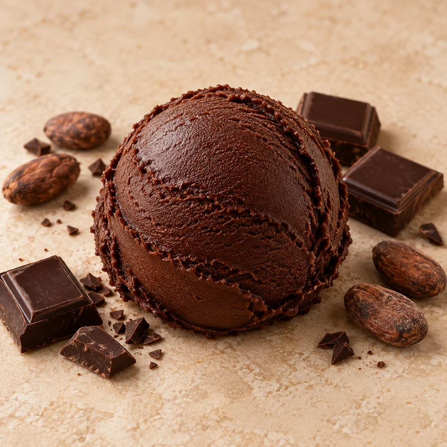 Boule de glace artisanale sorbet chocolat avec ses ingrédients