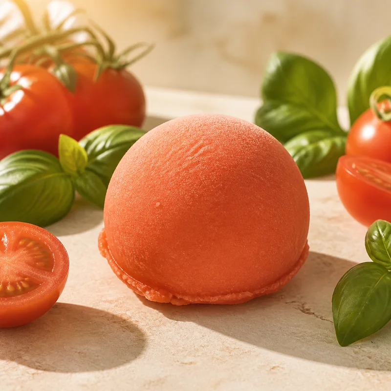 Boule de glace artisanale tomate-basilic avec ses ingrédients
