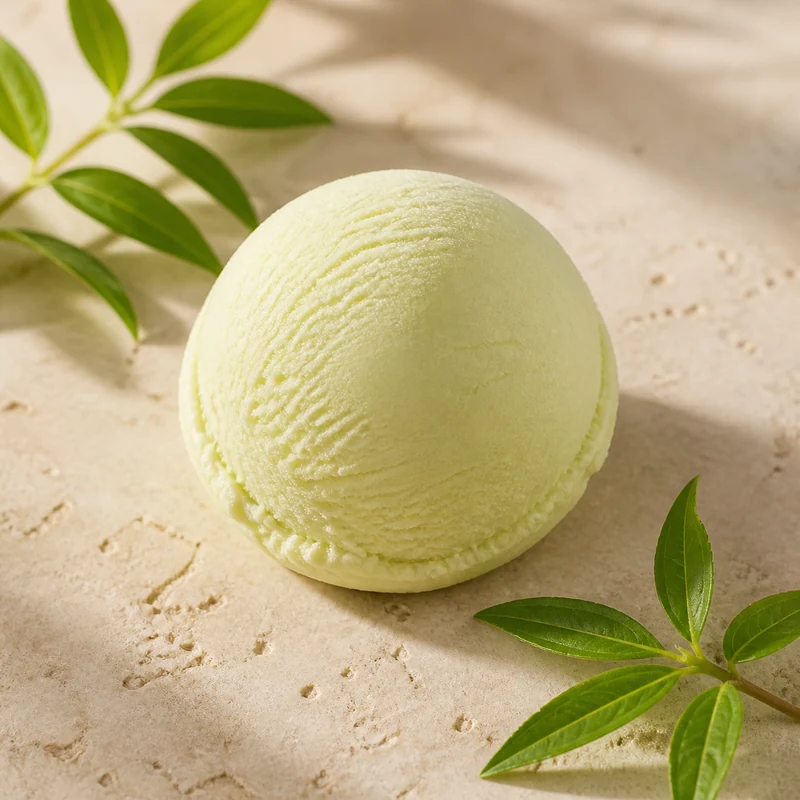 Boule de glace artisanale verveine avec ses ingrédients