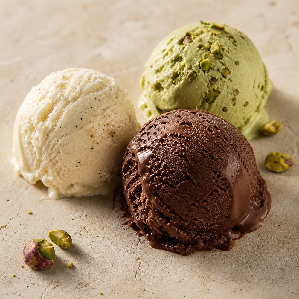 Boules de glaces artisanales vanille, chocolat et pistache