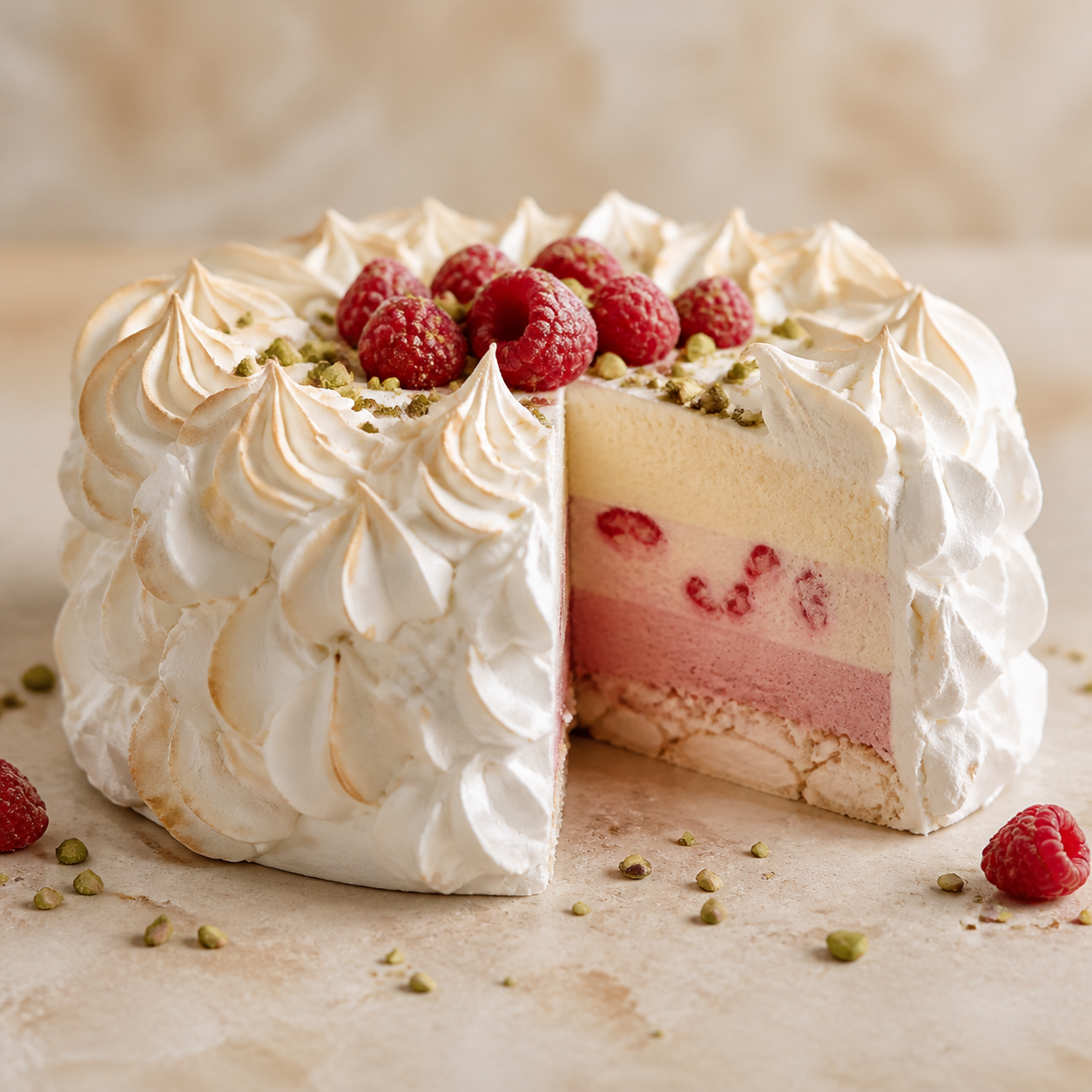 Vacherin glacé artisanal à la vanille et à la framboise, décoré de meringue