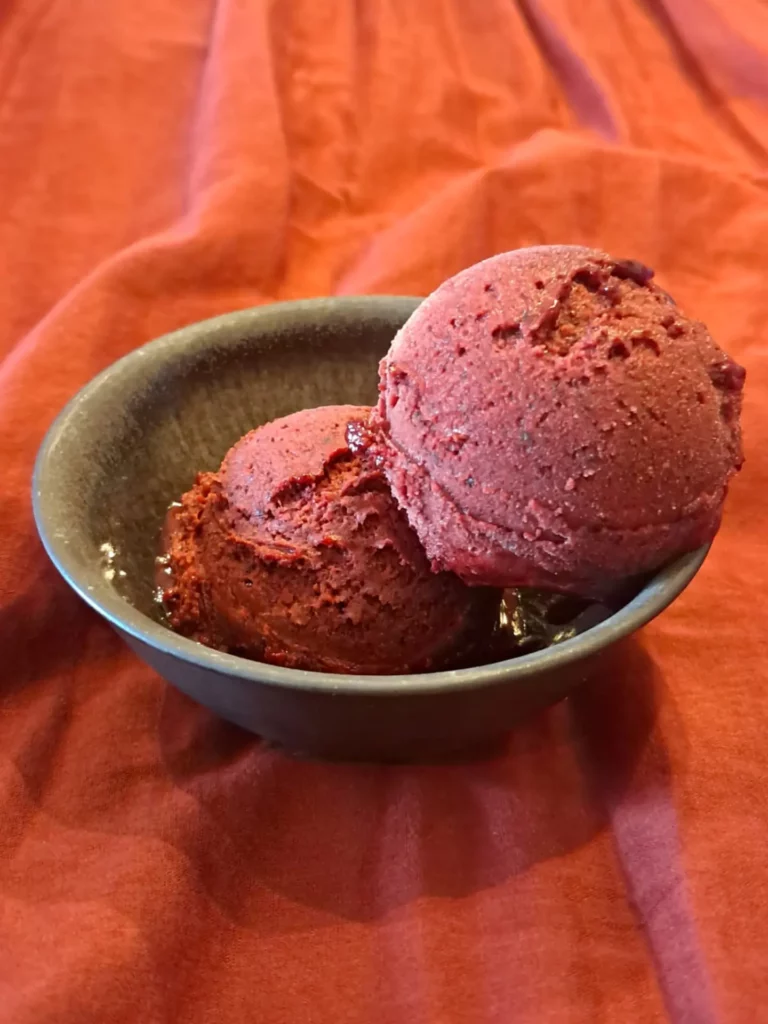 Deux boules de sorbet myrtille dans une coupelle.